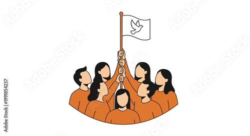 a group of people holding a flag with a dove on it.