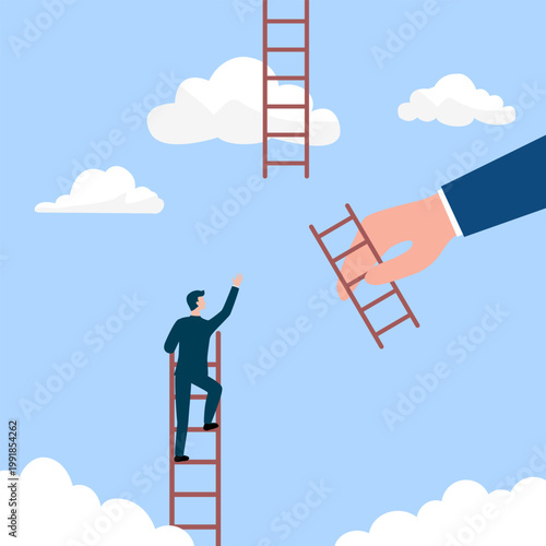 Helping hand, business support to reach career target or help to climb up ladder of success concept.flat design.illustration with people.