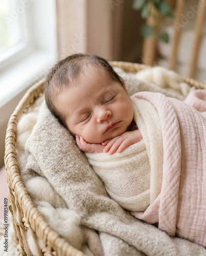 Newborn baby peacefully wrapped in soft fabrics, sleeping in calm pastel tones with gentle diffused light, capturing a serene, minimal fine art portrait with timeless elegance.