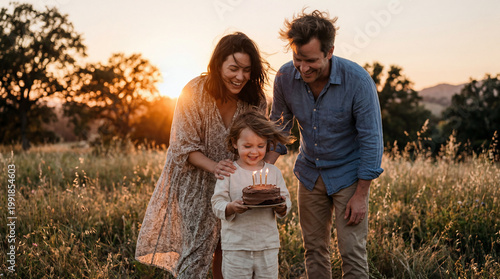 Poetic outdoor birthday at sunset: child holding small cake with candles, parents nearby, golden hour light, soft wind, candid laughter, cinematic hyperrealistic warm natural moment.
