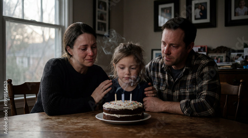 Emotional cinematic family moment: child holding birthday cake with extinguished candles, smoke rising, parents in quiet love and sadness, dim window light, shadows, hyperrealistic film look.