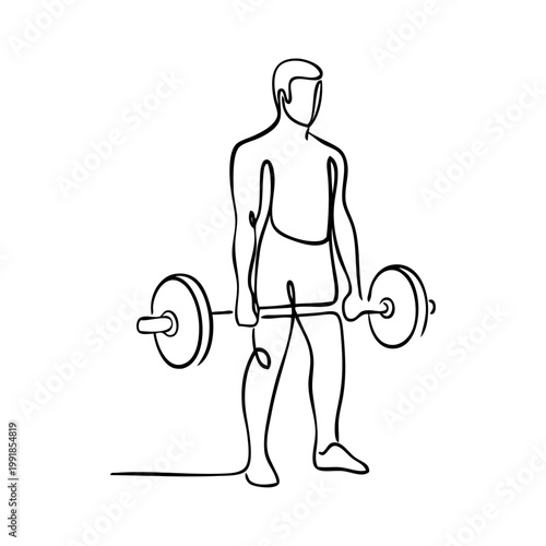Logo gimnasio. Dibujo minimalista con una única línea de un hombre levantando una barra de pesas