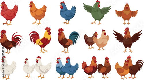 Chicken and rooster cartoon collection with different breeds poses farm poultry animals isolated vector illustration set