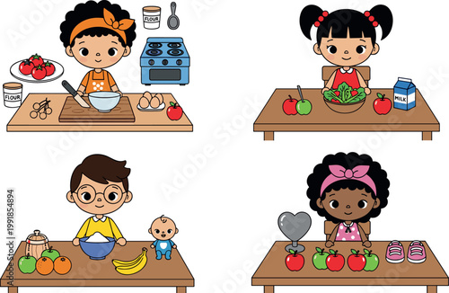 Children Cooking and Preparing Healthy Food, Fun Kitchen Activity Illustration for Kids