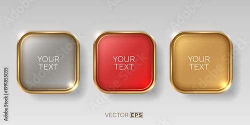 A stylish set of three glossy, rounded square buttons with elegant golden frames. Perfect for custom text and UI elements.