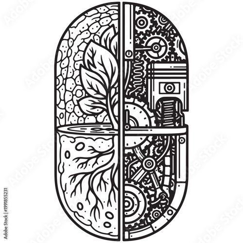 Conceptual vector illustration of a capsule split between organic nature and mechanical gears for bioengineering and sustainable technology