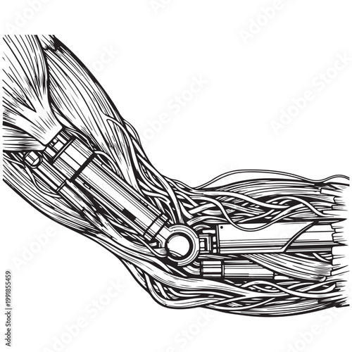 Detailed robotic arm vector illustration showing internal mechanical pistons and biological muscle fibers for cybernetic and transhumanism concepts