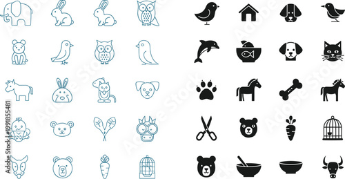 Animal and Pet Care Icon Collection Featuring Minimalist Outlines and Solid Silhouettes for Veterinary Clinics, Animal Shelters, Pet Shop Branding, and Nature Education Graphics