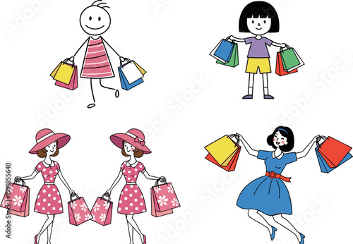 Cartoon People Shopping with Colorful Bags, Fun Shopping Illustrations for Retail and Fashion