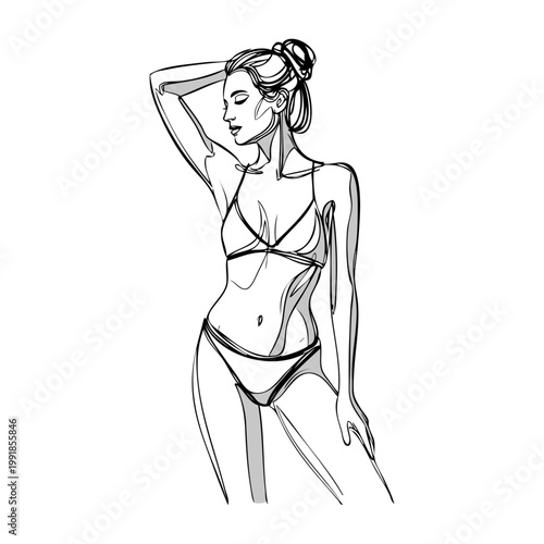 Logotipo vacaciones de verano. Dibujo con líneas de una mujer de pie con bikini, posando con una mano en la cabeza 