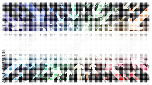 Abstract dynamic arrows background with glowing light effect, colorful directional pointers pointing inward, creative motion vector illustration for business