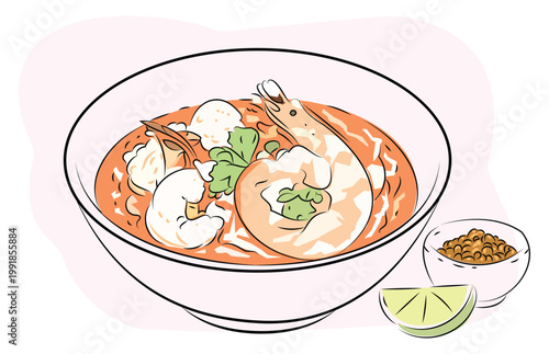 Tom Yum Seafood Noodles minimalist line art in pastel hues isolated background