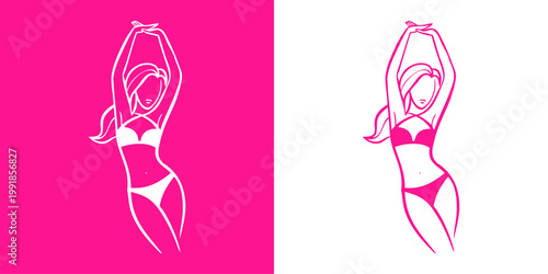 Logotipo vacaciones de verano. Dibujo minimalista con líneas de una mujer de pie con bikini, posando con las manos por encima de la cabeza 