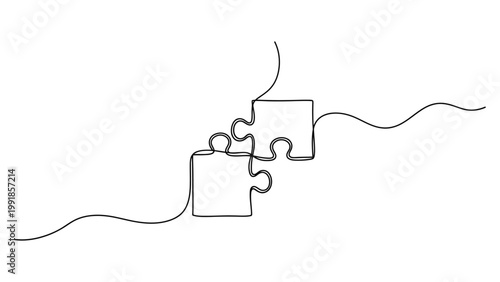 Continuous single line drawing of two puzzle pieces connecting.
