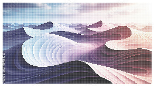 Abstract desert landscape with wavy sand dunes, purple and pink sunset over rolling hills, cinematic mountain horizon vector illustration