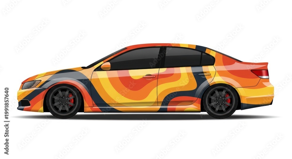 Fototapeta premium Modern sedan with abstract orange and blue wavy car wrap