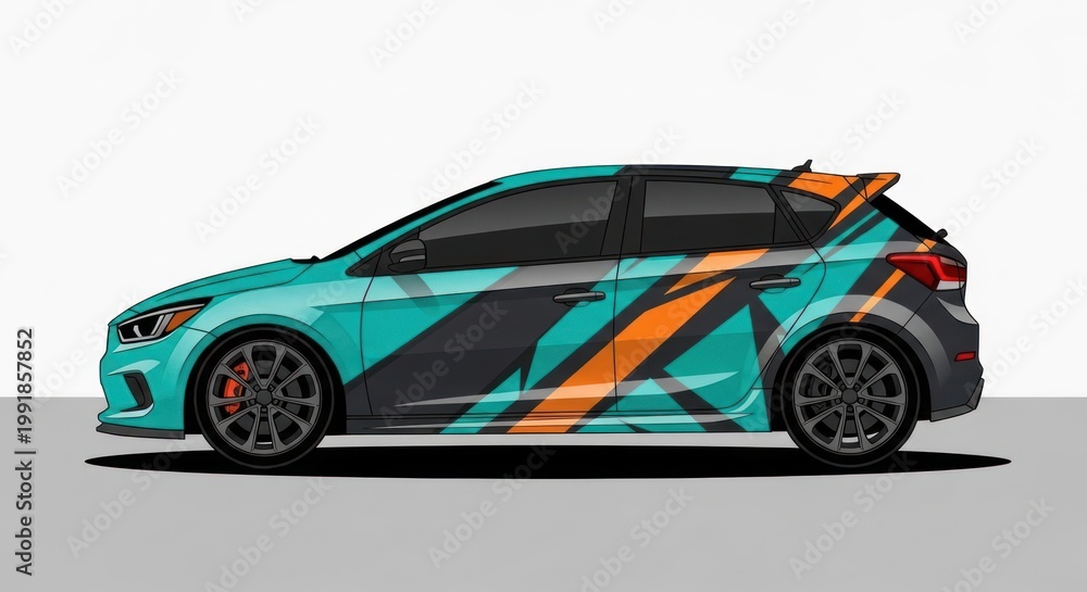 Obraz premium Modern sports car hatchback with teal and orange wrap design