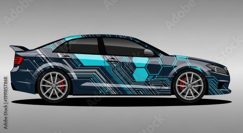 Modern sedan with blue geometric tech vinyl wrap design
