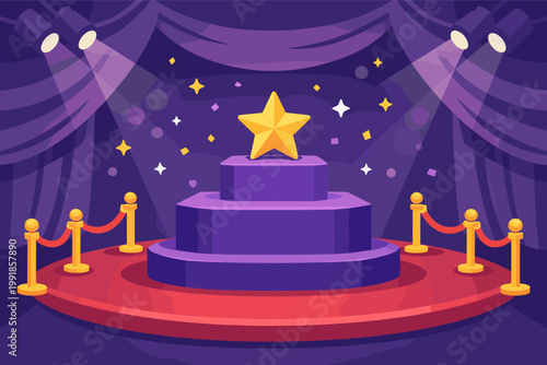 Awards ceremony stage with purple tiered podium, golden star trophy, red carpet, and spotlights. Flat vector illustration of a gala event background with velvet curtains and golden stanchions.