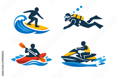 Set of flat vector icons for water sports featuring surfing on a wave, scuba diving underwater, kayaking with a paddle, and jet skiing. Ideal for summer vacation, travel, and adventure projects.
