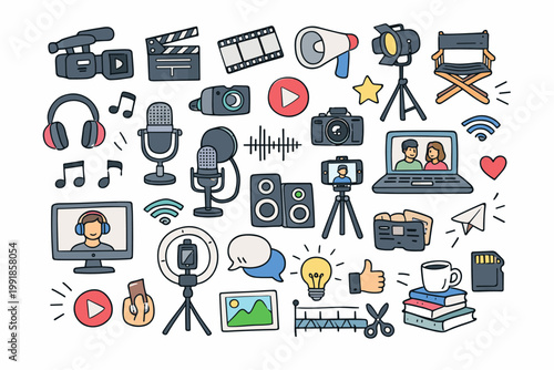 Set of hand-drawn doodle icons for audiovisual production, podcasting, video calls, and content creation. Features camera, microphone, headphones, laptop, ring light, and studio equipment.