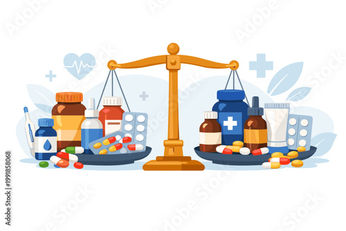 Medical pharmacy medication balance measurement comparison illustration with various medicine bottles, pills, capsules, and thermometer on a gold justice scale for healthcare cost or dosage.