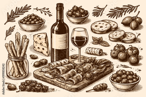 Vintage Hand-Drawn Wine and Appetizers Illustration with Red Wine Bottle, Glass, Cheese, Olives, Bread, and Tomatoes in Retro Engraving Style for Restaurant Menu, Poster, and Wall Art Decor.