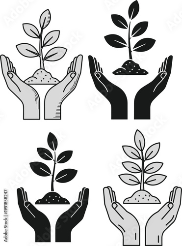 Hands holding growing plant icons set eco friendly sustainability concept nature care environmental protection vector illustration minimal black white design