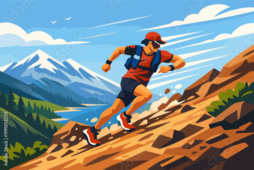 Stylized vector illustration of a determined trail runner sprinting up a steep rocky mountain path with snow-capped peaks, a blue lake, and pine forests in the background under a bright sky.