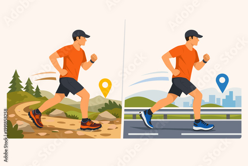 Vector illustration comparing trail and road running with a male athlete testing shoes on a dirt path in nature and an asphalt road in the city, showcasing different surfaces and motion.