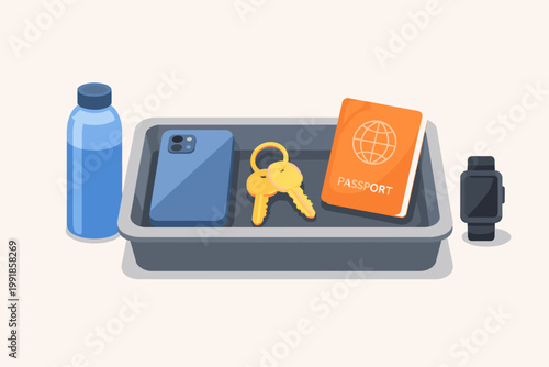 Flat vector illustration of an airport security checkpoint tray containing a blue smartphone, yellow keys, and an orange passport, with a water bottle and a black smartwatch placed alongside.