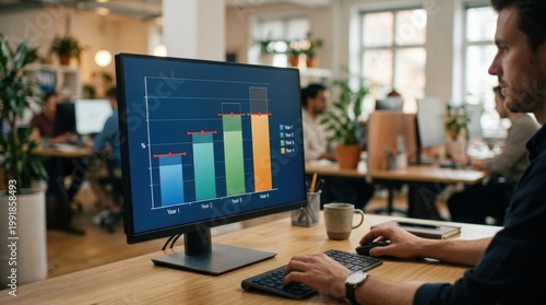 Focused medium shot of a closeup on a computer screen showing graphical representation of capped index gains for fixed indexed annuities with the office environment softly blurred.