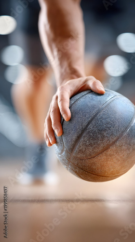 Close-up of male athlete's hand gripping a basketball on a wooden court with blurred background of gymnasium lights and floor. Selective focus