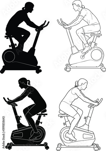 Stylized exercise bike illustration with person pedaling, fitness silhouette and outline artwork for gym, workout, training, health and sport 