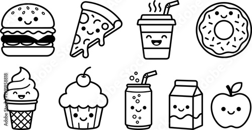 cute food and drink line icons set with burger pizza coffee donut cupcake ice cream soda milk apple and dessert snacks isolated on transparent background