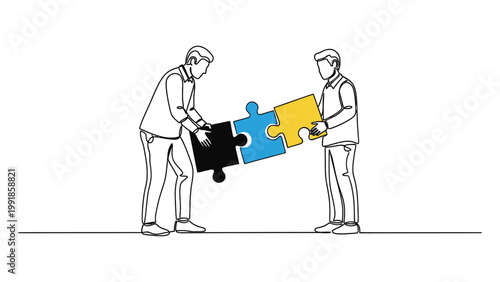 Two businessmen connecting puzzle pieces in a continuous line drawing.