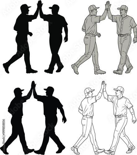Stylized high-five silhouette illustration featuring two people in black, gray, outlined variations, teamwork gesture artwork for friendship and celebration visuals