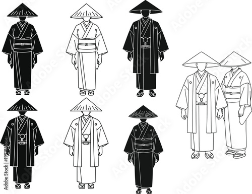 Stylized illustration of figures wearing traditional Japanese clothing and triangular hats, cultural artwork highlighting symmetry, costume details, and design variations