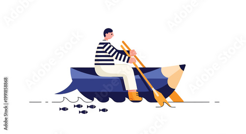 Fisherman, boat, vector illustration, nautical, fishing