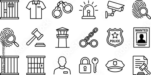 law and police line icons set with prison bars handcuffs fingerprint surveillance camera siren gavel badge arrest document and criminal justice symbols isolated on transparent background