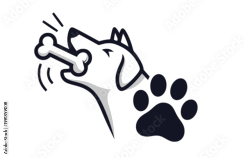Pets Dog Pet Shop Logo Template. Flat Vector Graphic of Barking Dog with Bone and Paw Print for Veterinary and Animal Care.