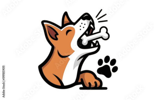 Pets Dog Pet Shop Logo Template. Flat Vector Graphic of Barking Dog with Bone and Paw Print for Veterinary and Animal Care.