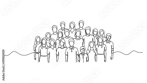 Continuous one line drawing of a large group of diverse people standing together.
