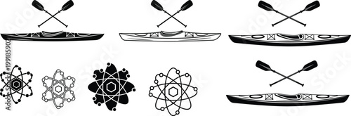 Stylized illustration showing kayaks with paddles and atomic structures in shading variations, conceptual artwork for puzzle, analogy, and pattern recognition visuals