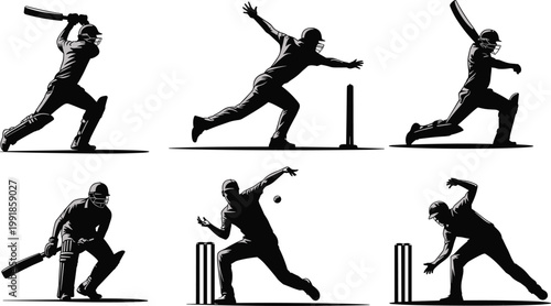 Black cricket player silhouettes showing batting, bowling, fielding, defensive stance, dynamic sports movements, athletic practice poses, vector illustration designBlack cricket player silhouettes