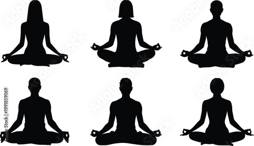 Black meditation silhouettes of people sitting cross‑legged in yoga mudra pose, mindfulness calmness, spiritual practice, vector illustration design