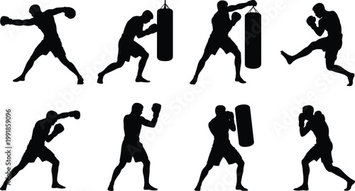Black boxing and kickboxing silhouettes showing punching, guarding, striking, kicking, training movements, combat practice poses, minimalist vector illustration design