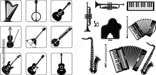 Musical Instrument Vector Icon Set Featuring Guitar, Violin, Trumpet, Saxophone, Piano, and Harp Silhouettes for Orchestral, Jazz, and Classical Music Design Projects