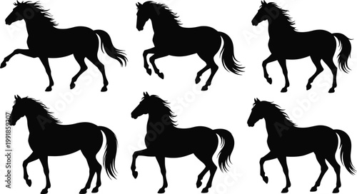 Elegant black horse silhouettes in dynamic trotting poses with flowing manes and tails, isolated vector illustration for design and decoration