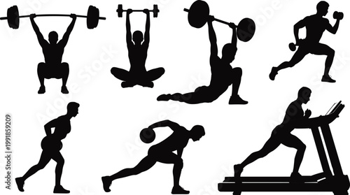 Fitness exercise silhouettes showing barbell lifting, dumbbell curl, weight plate lunge, medicine ball workout, and treadmill running vector illustration design